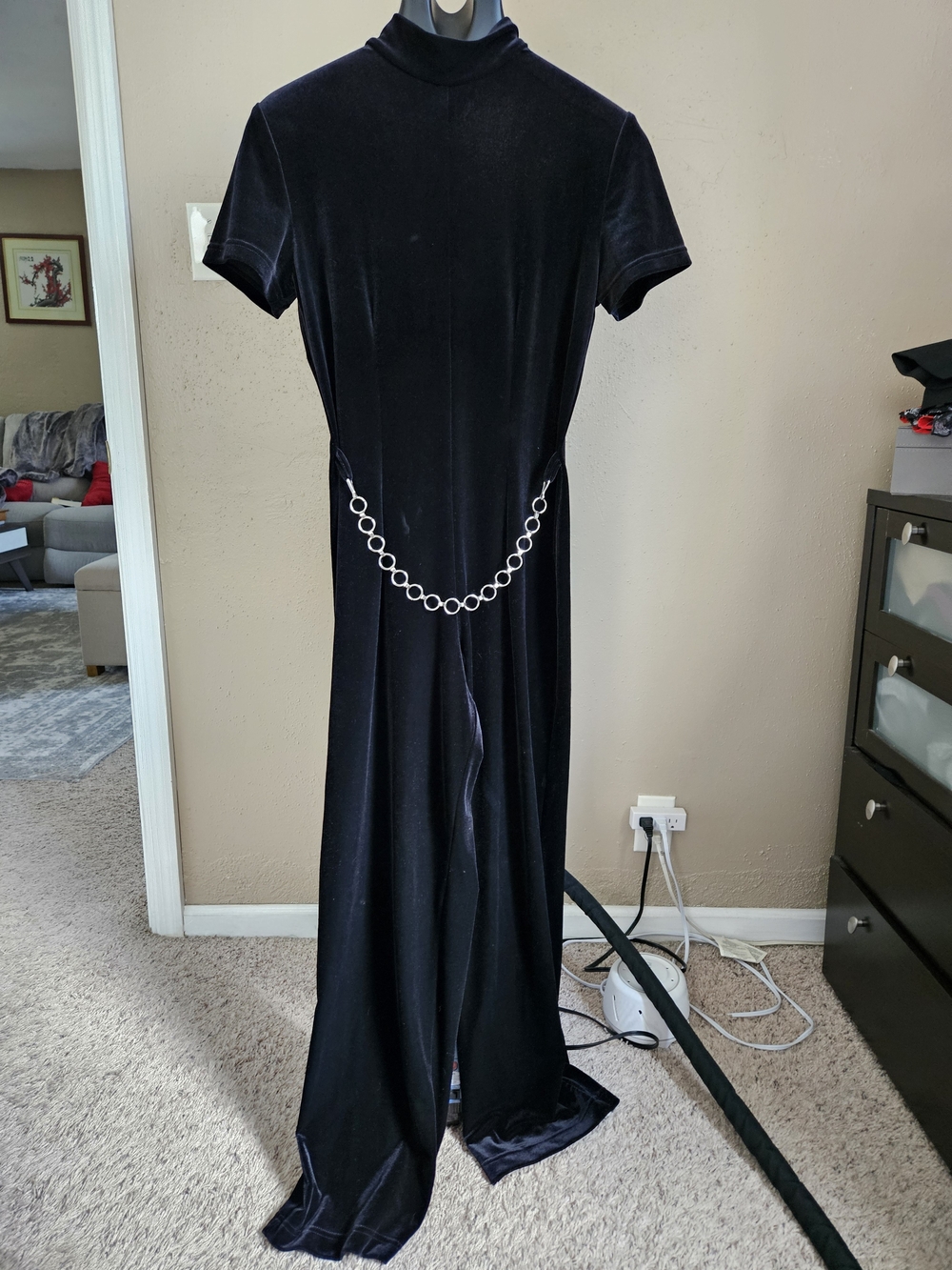 Vintage 90s Black Velvet Short-Sleeve Jumpsuit with Chain Belt